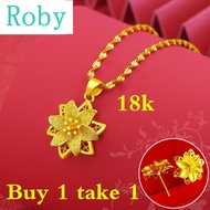 [Totoong Gol COD[buy 1 Take 1] Philippines Ready Stock Pure 18K Saudi Gold Nasasangla Original Necklace for Women Flower Pendant Water Wave Chain Lady's Luck Lotus Necklace Pawnable Couple Necklace Birthday Present Fasion Jewellery Stud Earrings Free Gift