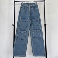 Atipashop - PLEASE T JEANS กางเกงยีนส์ ทรงคาร์โก้ กระเป๋าปักโลโก้ Atipa