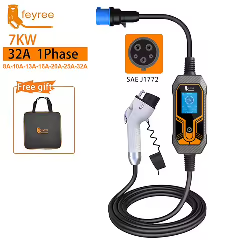 feyree Portable EV Charger Wallbox Type1 j1772 7KW 32A 1Phase with CEE Plug EVSE Charging Box for El