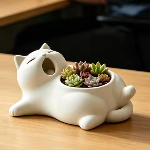 Cat Planter Cute Yawning Animal 3D Printing Small Cactus Pots for Home Office Living Room Entryway B