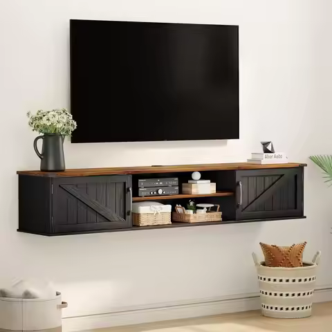 Floating TV Stand with Doors, 63'' Farmhouse Shelf for TVs up to 80 Inch, Wall Mounted Entertainment