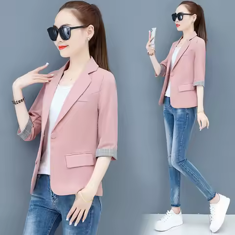 Summer Women Thin Blazer Jacket 2021 New Korean Single Button 3/4 Sleeve Short Jacket Coat Lady Offi