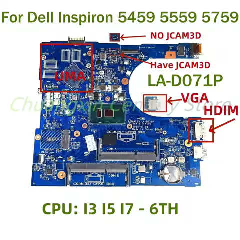 LA-D071P Motherboard for Dell Inspiron 5459 5559 5759 Laptop with I3 I5 I7-6TH CPU UMA 100% Tested F