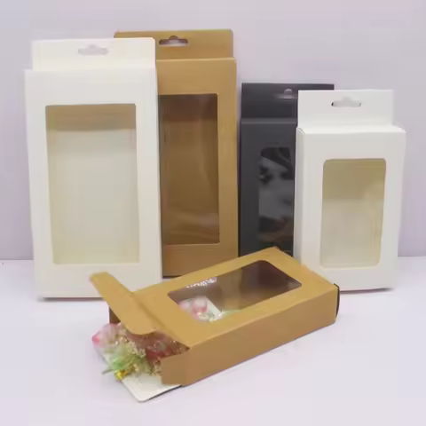 10 pcs 18x10x2/13x8x3cm black white kraft window gift packaging box, jewelry packaging box