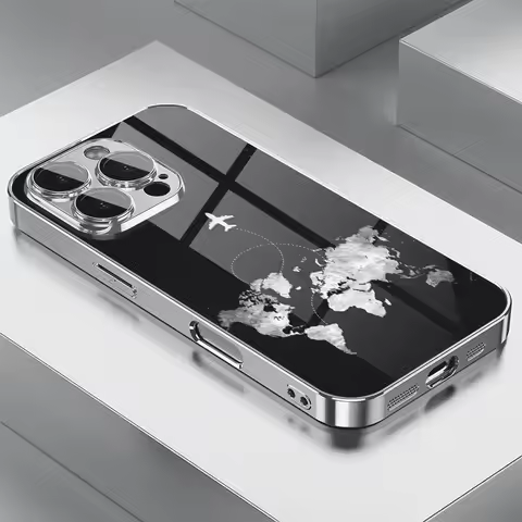 Minimalist Airplane Route Pattern Glass Electroplated Phone Case For iPhone 11 12 13 14 15 16 17 Pro