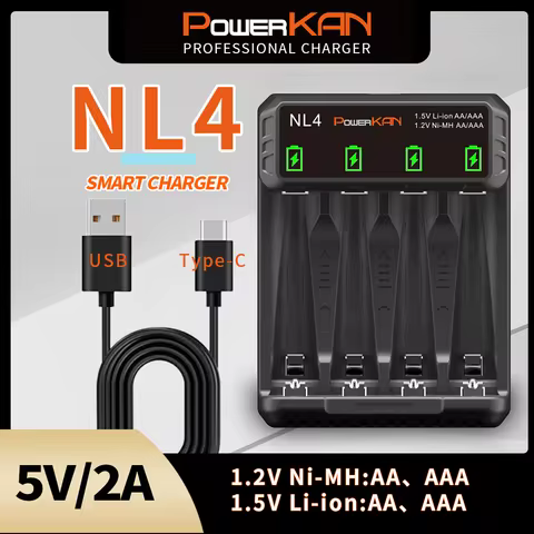 POWERKAN NL4 battery charger, 4 slots independently support 1.2V and 1.5V Ni-MH Ni-Cd AA/AAA battery