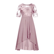 Womens Floral Lace Midi Dress Summer Crewneck Chiffon Swing Dress Cocktail Evening Long Dress for We