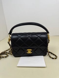 香奈儿 Chanel 晶片款 24k CF mini黑色金扣荔枝牛皮手柄方胖子 有单 16cm