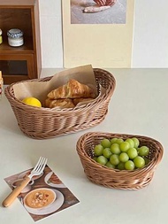 1入塑膠編織藤條儲物籃,鄉村風格水果籃、野餐麵包籃、廚房蔬菜儲物籃