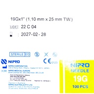 NIPRO MEDICAL NEEDLE 19G X 1 INCH (25MM)  100'S EXPIRY 2027