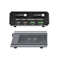GaN 4C2A 6-Port Fast Charger Built-in 2PCS 70cm Retractable USB C Cables Universal Charging Station
