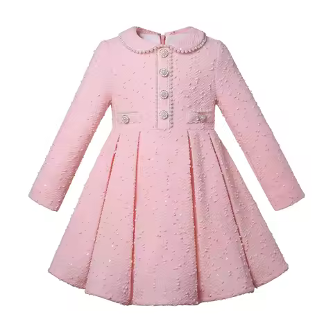 2023 Pettigirl Long Sleeve Pink Dresses For Christmas Children GirLs Winter Clothing Size 2-12Y
