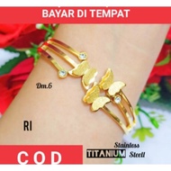 Top Gelang tangan titanium asli lapis emas 23 karat motif kupu kupu