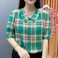 เสื้อเชิ้ตลายสก๊อตแขนกลางสำหรับเด็กเสื้อง่ายและสะดวกสบายลายสก๊อตตุ๊กตาฤดูร้อนเสื้อผู้หญิง