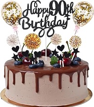 Cnrose Cake Decoration Man Women 90th Birthday Hello 90 Cake Topper Black Gold with Heart Star Ballo