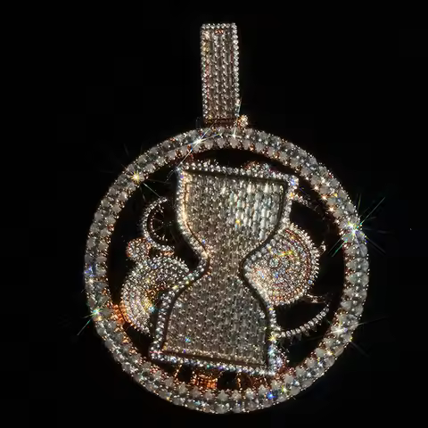 Street Style Spinning Hourglass Pendant, Copper Cubic Zirconia Full Pave, Hip Hop Unisex Necklace Ac