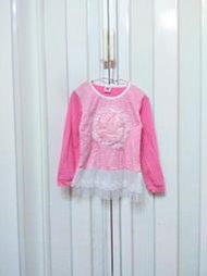 二手 粉色橫條紋 玫瑰蕾絲 彈力薄長袖上衣T恤連身長版洋裝 約身高120公分適穿
