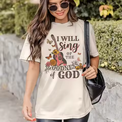 Women Vintage Boho Guitar Print Gospel Music T-Shirts Bible Verse God Worship Tshirt Religious Faith