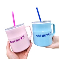 Combo of 2 700ml 2-layer handle cups with hard straw Chill Guy- Chill Girl in youthful, luxurious co