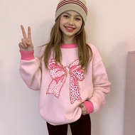 2pcs Tween Girls Casual Chic Leopard Print Bow, Ballerina Inspired Cream Pink Crew Neck Sweatshirt A
