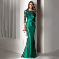 【YF】 Stylish 3/4 Sleeves Mermaid Mother of Bride Dresses Scoop Satin Formal Evening with Bow Lace Party Gowns for Mom