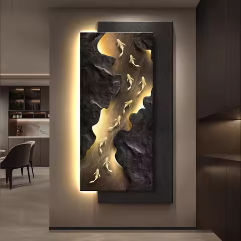 Led Light Entrance Decoration Painting With Koi Fish Hanging At The End Of The Corridor Remote Contr