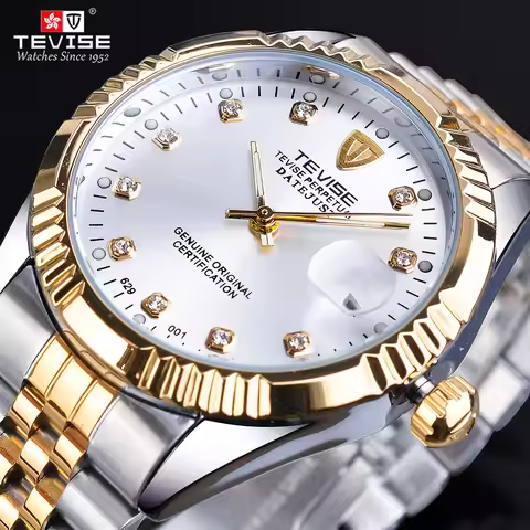 Tevise Luxury Top Brand Diamond Gold Black Fashion Watch Stainless Steel Automatic Mechanical Clock 