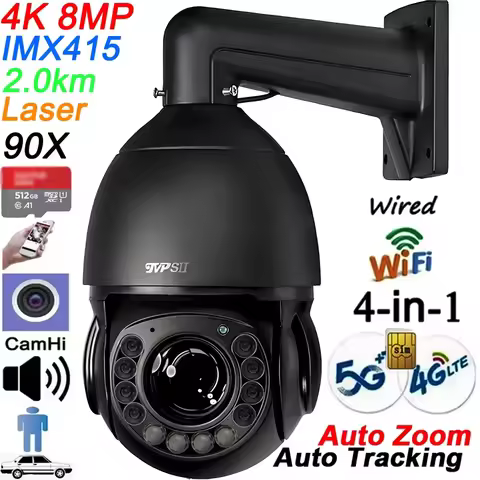 Metal Laser Infrared Auto Tracking Cruise CamHi 8MP 4K 90X Optical Zoom Audio 360° Wifi 5G 4G Sim 4-