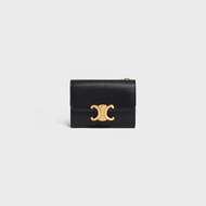 全新Celine 亮面牛皮革TRIOMPHE COMPACT二合一銀包連零錢格 黝黑色