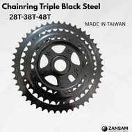 CHAINRING TRIPLE BLACK STEEL 28T-38T-48T Made in Taiwan High Quality