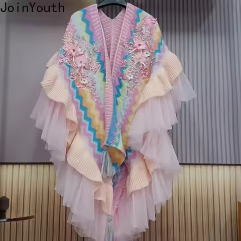 Fashion Embroidered Rainbow Sweater Shawl Fall Winter Clothing Sueter Mujer Beadage Floral Pull Femm