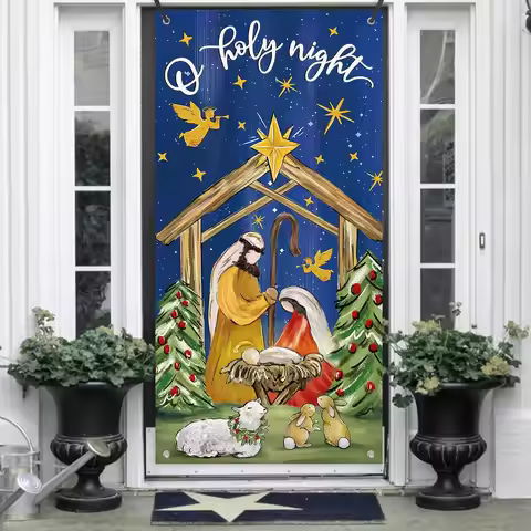 Christmas O Holy Night Religious Door Cover Decorations, Xmas Jesus Nativity Scene Sheep Rabbit Fron