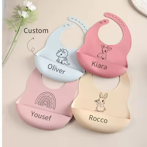 2025 NEW Custom Cartoon Deer Rainbow Silicone Baby Bib with Name & Pattern Food-Grade Solid Feeding 