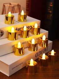6 piezas Luces electrónicas clásicas doradas LED con baterías, lámpara de té sin llama para crear un ambiente romántico y festivo, cumpleaños, bodas, pedidas de mano, Navidad, fiestas, decoración de interior de casa y bar
