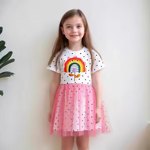 Little maven Girls Dress Cartoon Embroidered Rainbow Baby Kids Princess Mesh Dresses Summer Children