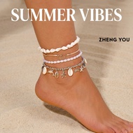 4 Pcs/Set Versatile Beach Shell Pearl Bracelet & Anklet Adjustable Layered Chain Ocean Jewelry Gift