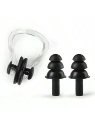 1套黑色游泳鼻夾和耳塞組,柔軟矽膠防嗆水運產品,適用於成人和兒童