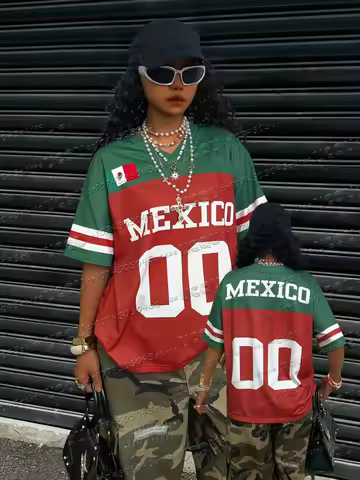 Mexican Color Short Sleeved T-Shirt Summer Women'S Street Jersey Tee Trendy Hip-Hop Dance Outfit Loo