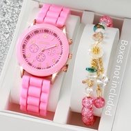 Geneva Ladies Watch Fashion Silicone Strap Quartz Wrist Watch+Beads Flower Bracelet Set (Without Box)