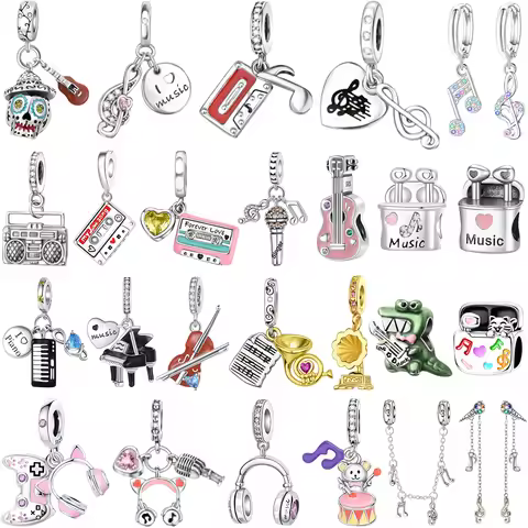 925 Sterling Silver Music Charms Beads Musical note Piano Guitar Headset Earrings Pendants Fit Brace