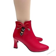 ขนาด 34-41 รองเท้าหนังผู้หญิงส้นหนากลาง Barrel Martin Boots รองเท้าส้นสูงรองเท้าสั้น JS-032-TH