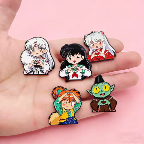 4/5Pcs Anime Inuyasha Brooch Badge Cute Character Sesshomaru Kagome Heart Shaped Hand Gesture Enamel