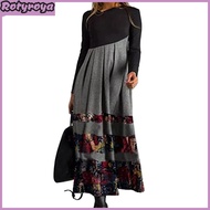 Women Dress Slant Neck Patchwork A-line Hem Colorful Printing Pleated Long Sleeves Bohemian Style Lo