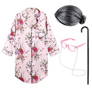 Girls Old Lady Costume Kit, 100th Day of School Girl's Cosplay Costume Grandma With Nightgown Wig Ca