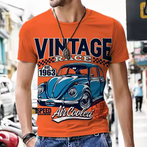 Summer Men's Vintage T-shirts Retro Car Fashion Tops 3D Printed O Neck Oversized Short Sleeve Haraju
