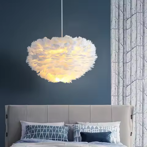 Nordic White Feather Lamp, Nordic Bedroom Lamp, Cozy Romantic Bedside Decor Pendant Light Cover