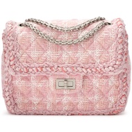 Chanel Pink and White Tweed Supermarket Braid Mini 2.55 Reissue Square Flap Bag Brushed Silver Hardw