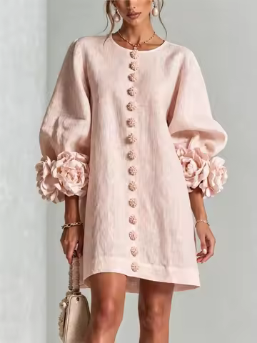 Women Mini Dress Autumn Fashion O-Neck 3D Floral Applique Lantern Sleeve Flower Button Loose Dress E