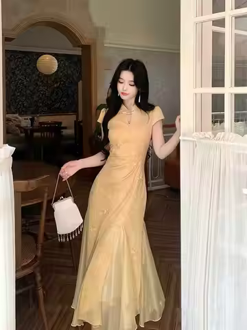 New Chinese Style Yellow Floral Fish Tail Slimming Qipao Dress Women's Summer High-End Sensation Gen
