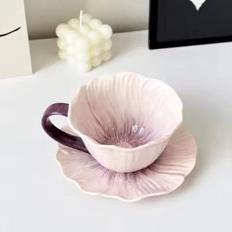Flower Shaped Ceramic Coffee Cup Saucer Set Tableware Kitchen Tool Ceramic Coffee Mug Hand Painted F